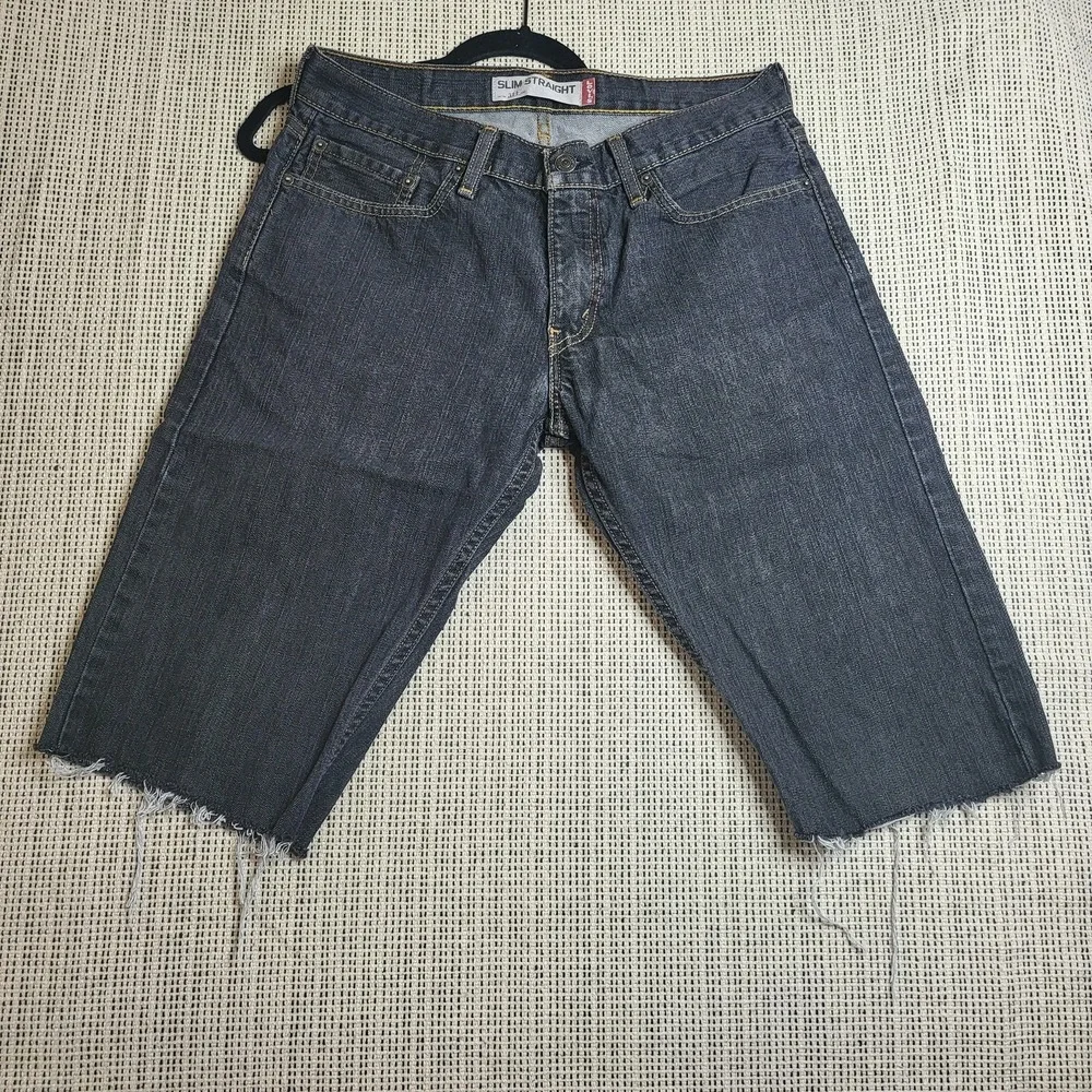Levis 514 Jeans Mens 32x34‎ Blue Slim Straight Distressed Cut Off Raw Hem Denim